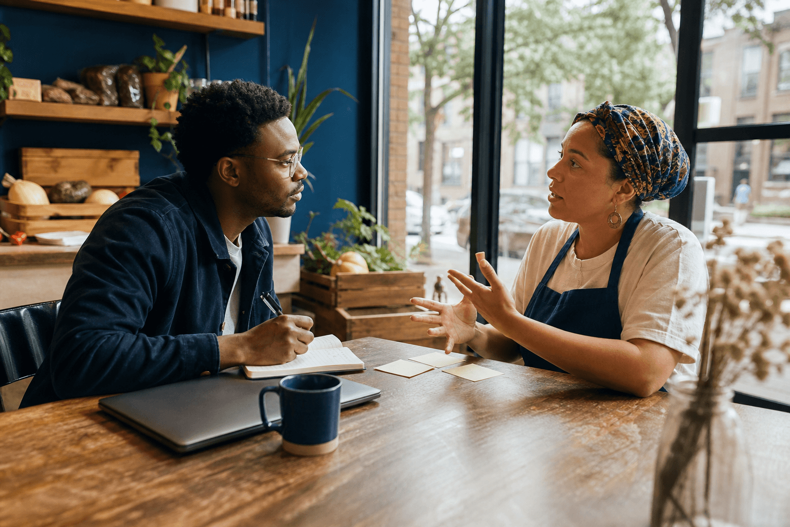 An aspiring founder listens and takes notes while interviewing a neighborhood business owner