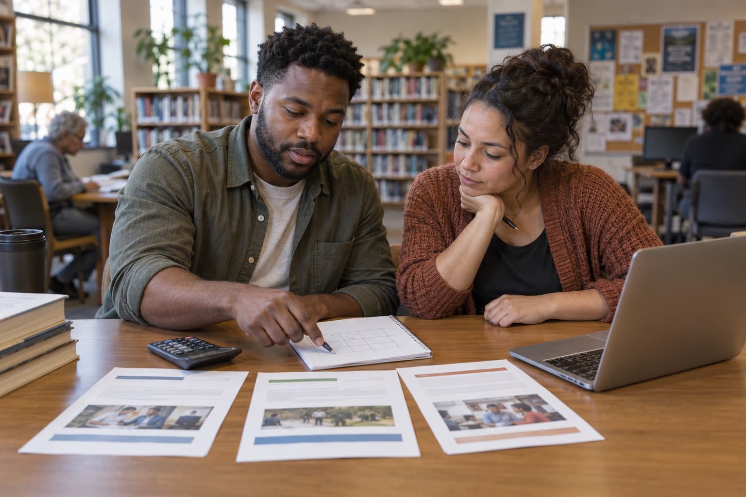 An adult learner leads a side-by-side comparison of training programs with a peer in a public library