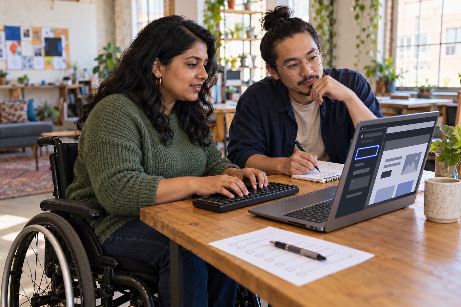 A founder who uses a wheelchair leads an accessibility review with a collaborator in a community workspace