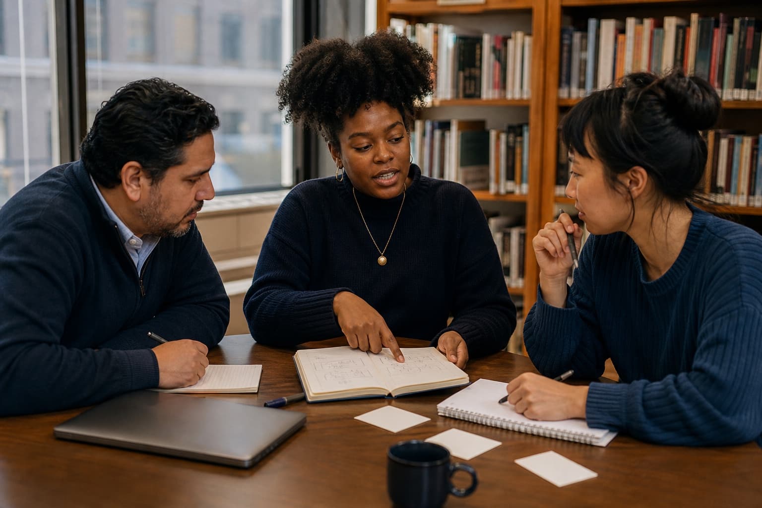 An early-career professional leads a mentoring conversation with a mentor and peer in a community library