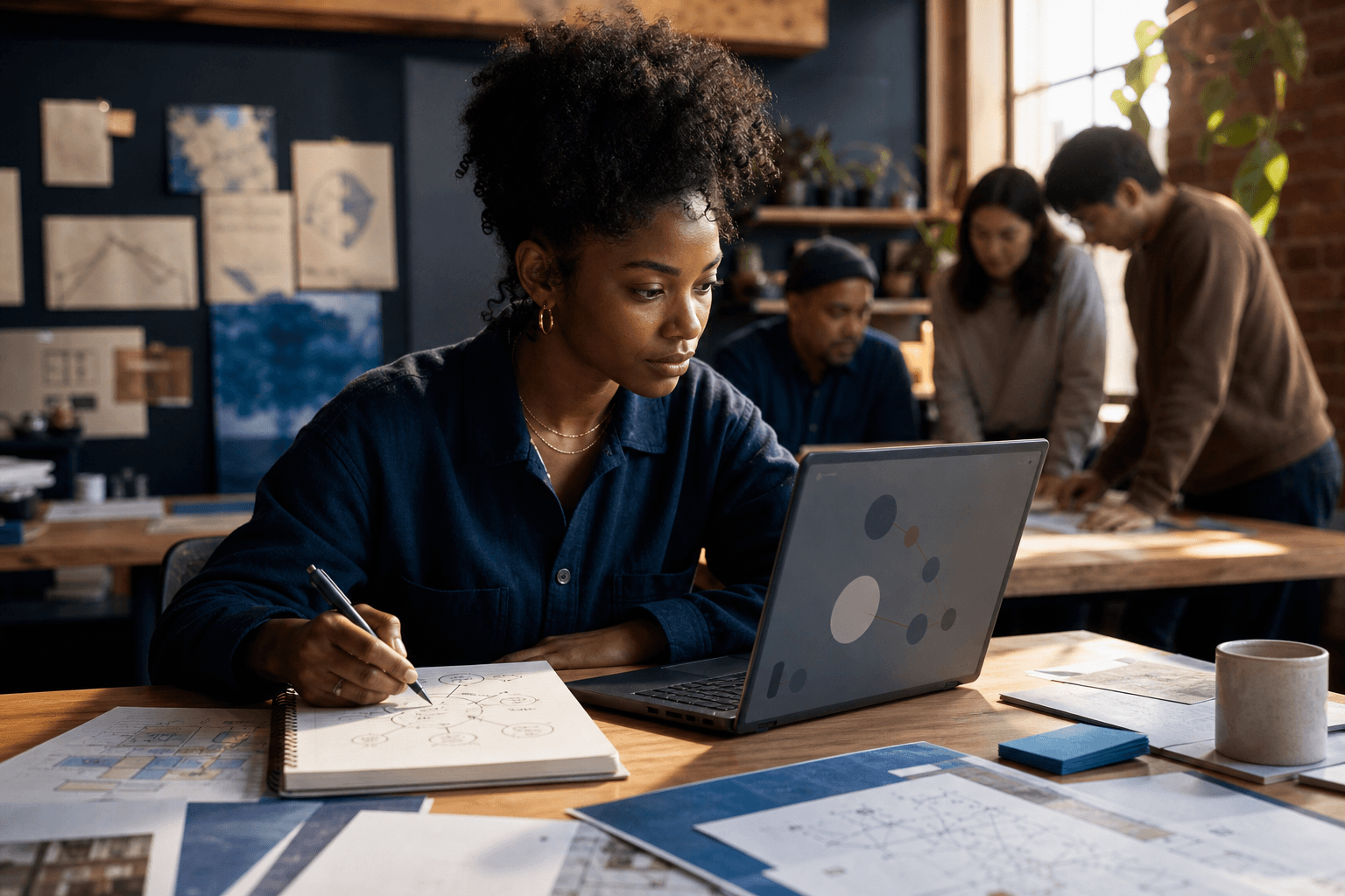 An early-career professional maps a project decision beside her laptop while teammates collaborate behind her