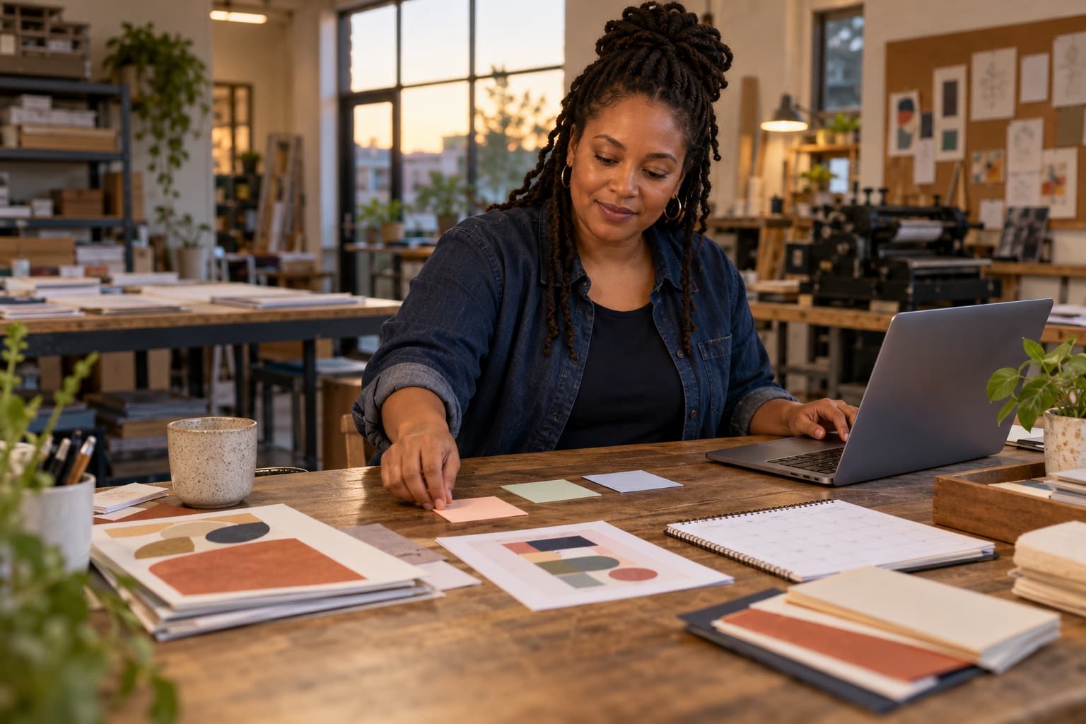 A small-business founder organizes customer notes and a two-week outreach plan in her neighborhood print studio